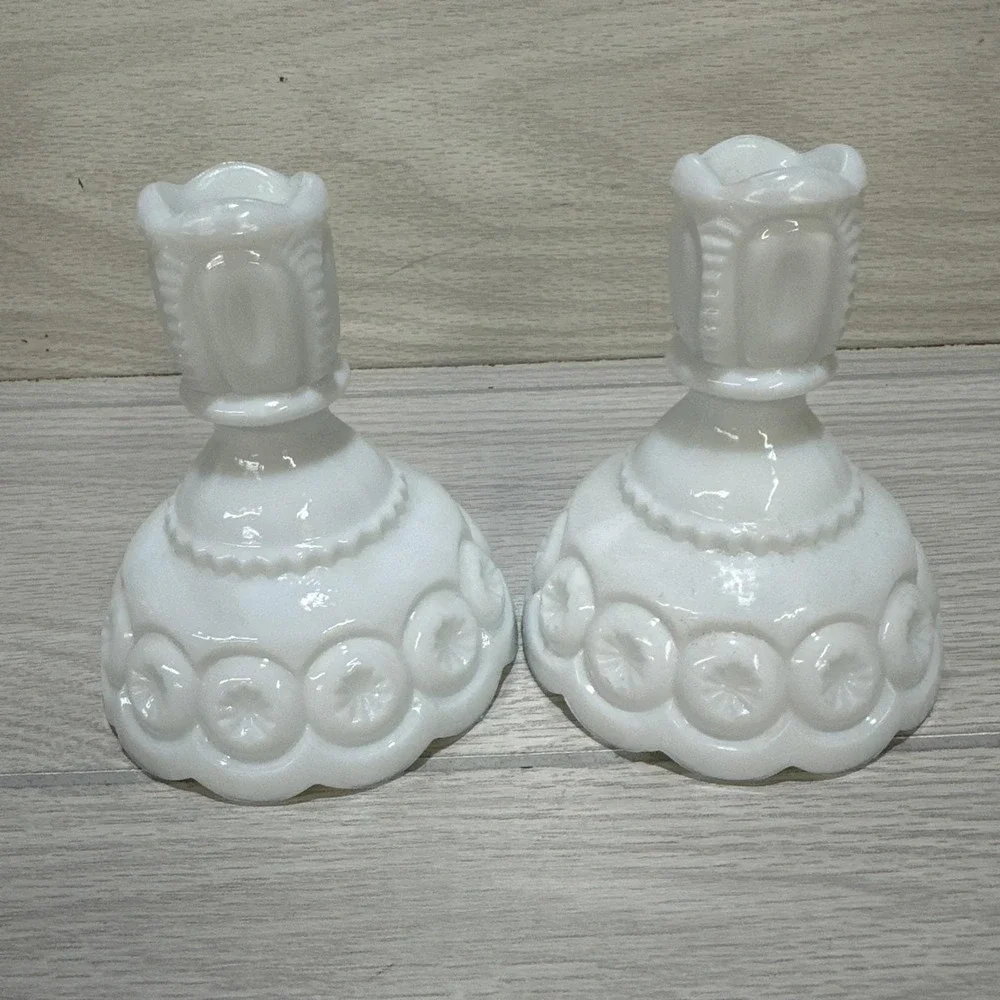 L.E. SMITH Milk Glass Moon & Star Candlestick Pair 4x4.5